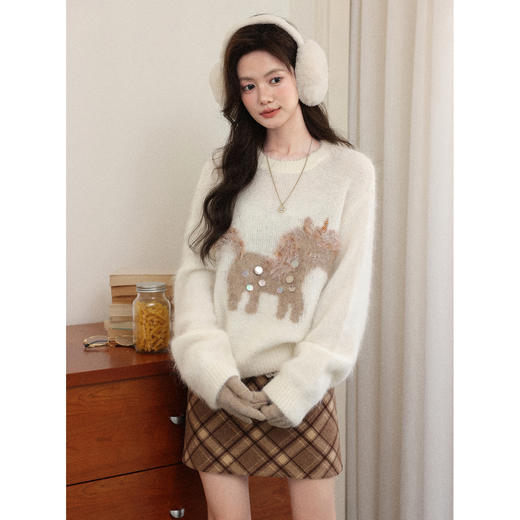 鹿向南「软法霜裘」复古卡其色格纹高腰毛呢半身裙女秋冬A字短裙 商品图3