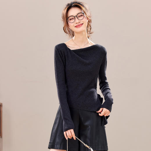 CC法式荡领一字肩长袖针织衫修身显瘦打底衫女秋冬收腰高级感毛衣 商品图3