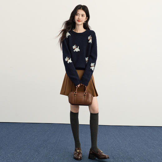 【11/26新品】熙世界糯叽叽小狗提花毛衣女2025冬季新款慵懒圆领内搭打底针织衫 商品图1