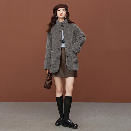 【11/26新品】熙世界灰色皮毛一体毛茸茸外套女2025年冬装新款保暖立领毛毛大衣 商品图1