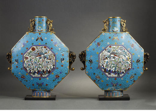 独角鹿西洋古董18世纪清嘉庆时期出品「丹凤朝阳」主题瑞兽造型纹饰掐丝珐琅八方瓶一对 商品图0