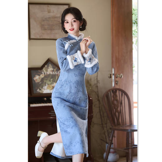 麂皮绒印花加绒长袖旗袍，时尚改良新中式日常修身旗袍GX-11833 商品图2
