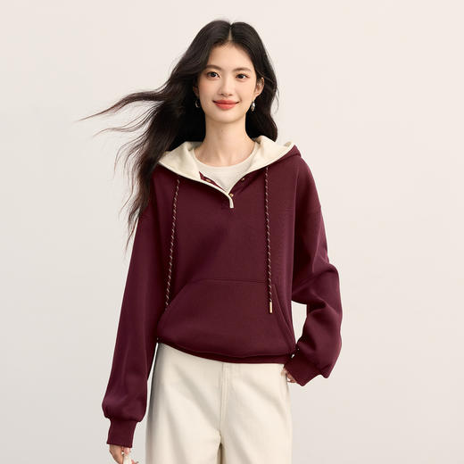 【年终特卖】熙世界休闲风加绒针织卫衣女宽松慵懒风套头连帽上衣2025秋冬新款 商品图4