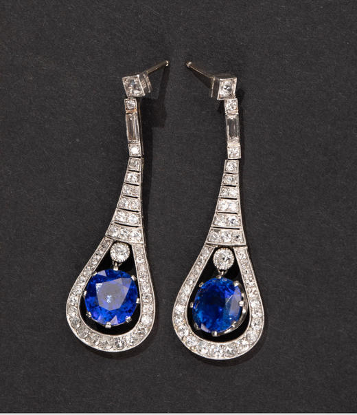 独角鹿西洋古董1930年代欧洲出品装饰艺术风格水滴造型铂金镶嵌钻石及蓝宝石耳坠 商品图2