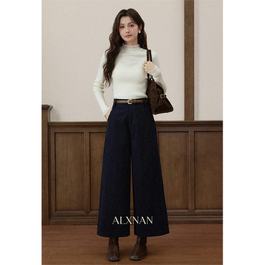 【6折秒杀】鹿向南「月下吟诗」藏蓝色高腰阔腿裤女秋冬季垂感宽松休闲直筒裤 商品图1