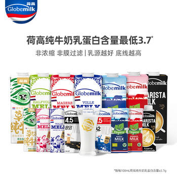 荷高（Globemilk）荷兰原装进口3.7优乳蛋白部分脱脂纯牛奶1L*6高钙早餐整箱送礼 /水饮冲调 /常温奶 /基础牛奶 商品图1