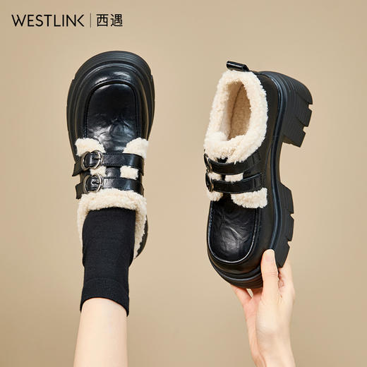 西遇加绒乐福鞋女新款冬季黑色增高厚底小皮鞋外穿保暖雪地靴V2457354 商品图1
