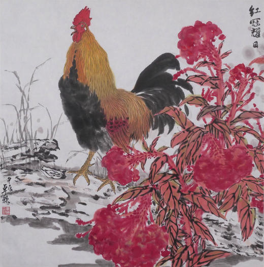 卓愿《红冠耀日》70x69CM 手绘纸本宣纸国画作品 商品图1
