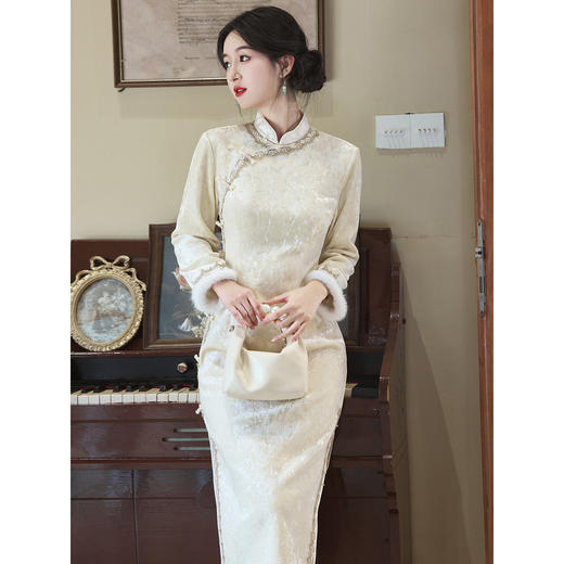 订婚新中式敬酒服新娘小个子结婚礼服裙，长袖绝美冬季日常旗袍LSB4106 商品图0