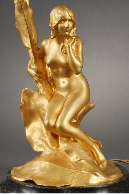 独角鹿西洋古董1906年法国出品铜鎏金精雕少女花卉主题台灯 商品图5