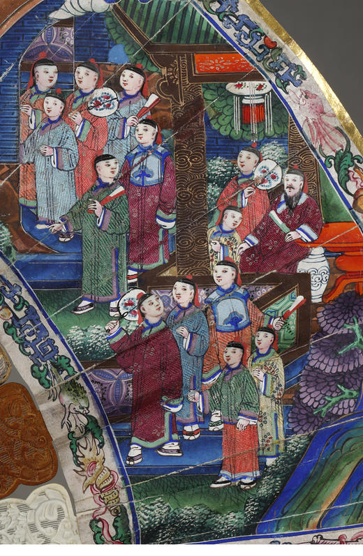 【已售】独角鹿西洋古董清代晚期十三行出品珍贵材质混合扇骨双面绘贴面人物纹折扇 商品图5