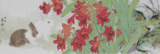 卓愿《萱草花兔子》35x103CM 手绘纸本宣纸国画作品 商品图1