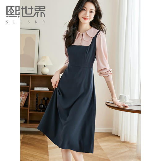 【年终特卖】熙世界法式减龄甜美娃娃领连衣裙女秋撞色长袖假两件收腰a字裙 商品图0