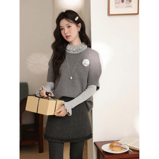 鹿向南「伯克利学姐」慵懒感灰色短袖针织毛衣女秋季宽松叠穿上衣 商品图2