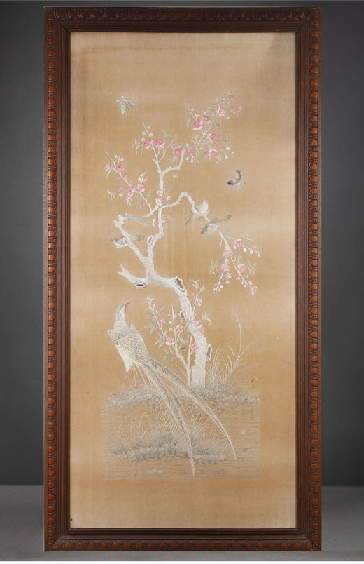 独角鹿西洋古董19世纪中国出品「桃花双绶」主题苏绣挂屏一对 商品图2