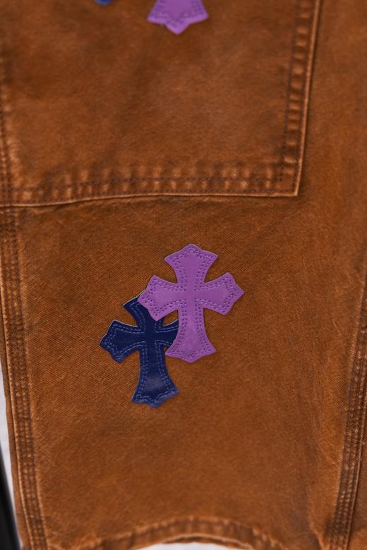 D112556限定牛王蓝紫十字拼皮棕色牛仔裤工装伐木裤 商品图10