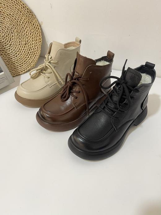 D112510头层牛皮真毛系带圆头侧拉链舒适百搭软底马丁靴 商品图1