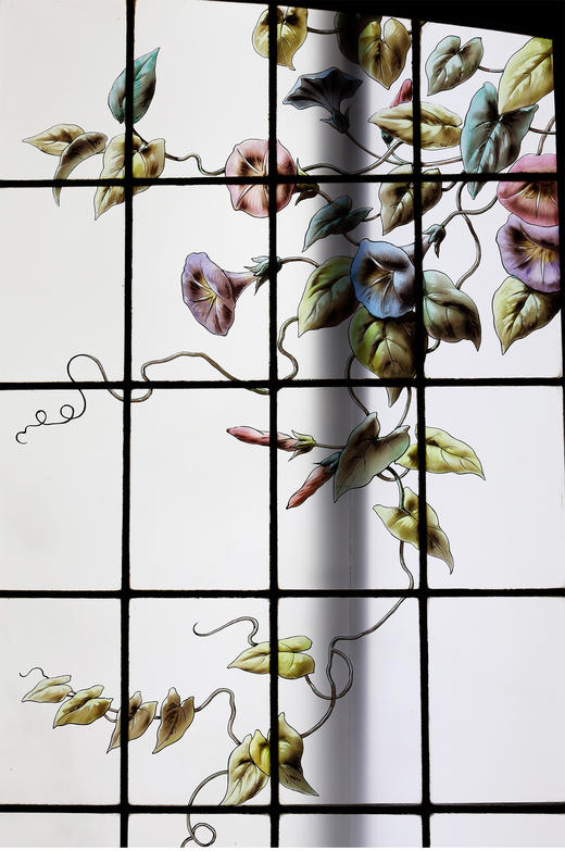 独角鹿西洋古董19世纪法国出品新艺术风格「湖畔鹭鸟」主题彩绘玻璃花窗 商品图4