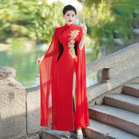 红色中式演出旗袍2025新款表演走秀礼仪主持人礼服时尚大气夏文艺