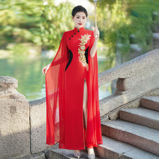 红色中式演出旗袍2025新款表演走秀礼仪主持人礼服时尚大气夏文艺 商品图0