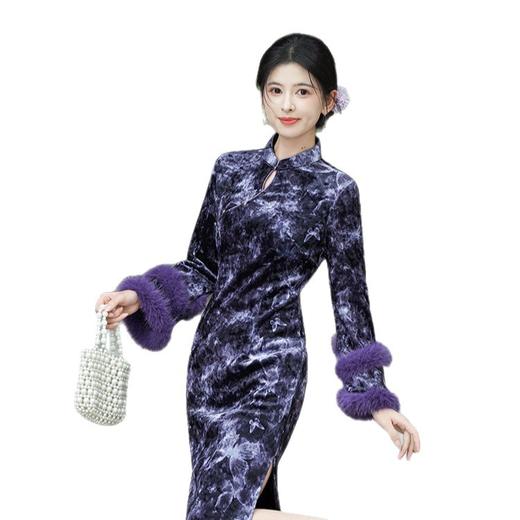 冬季厚款紫色丝绒长袖，改良旗袍高级感新中式GX-8864 商品图4