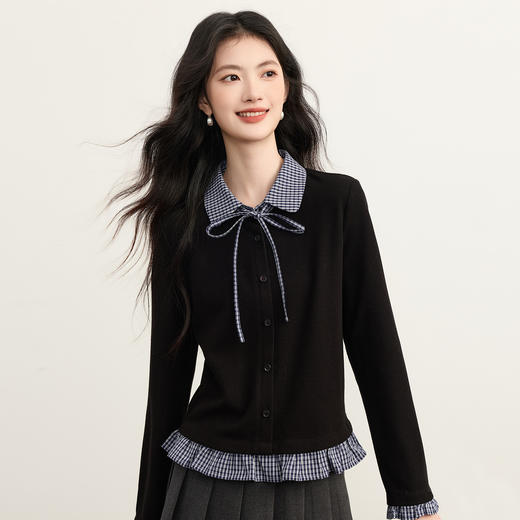 【周末秒杀】熙世界英伦学院风假两件针织开衫女2025年新款秋冬格纹Polo领上衣 商品图3