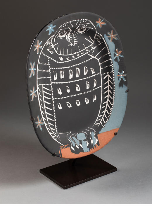 【已售】独角鹿西洋古董1955年代西班牙出品限量装饰陶盘「Hibou mat 猫头鹰」 商品图1