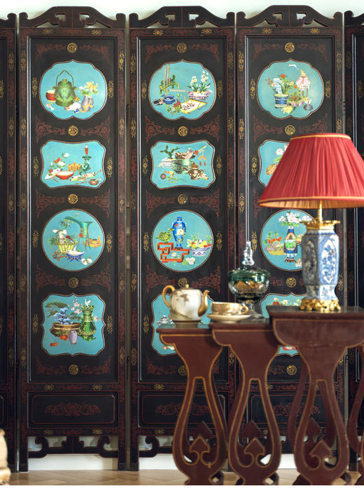 【已售】独角鹿西洋古董20世纪中国创汇时期出品漆木描金彩绘嵌掐丝珐琅清供博古图六曲屏风 商品图2