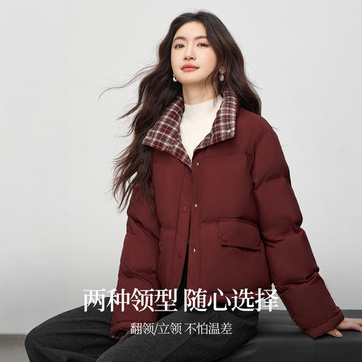 【年货节】熙世界酒红色面包羽绒棉服女2025冬季新款设计感格纹棉袄短款外套 商品图1