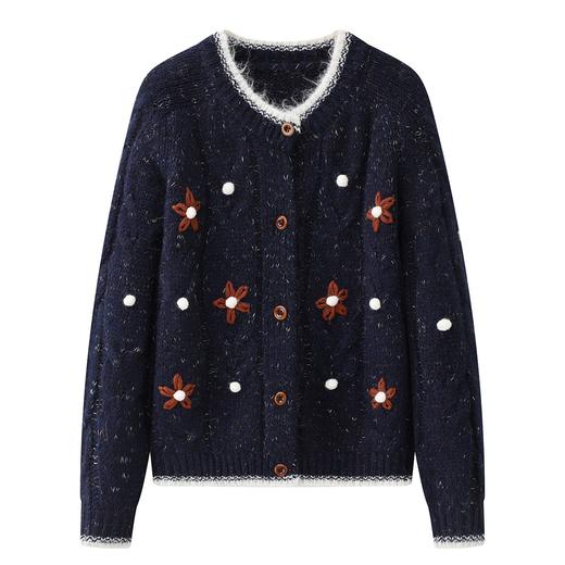 D112551重工钩花圆领软糯毛衣女慵懒风宽松开衫针织衫 商品图1