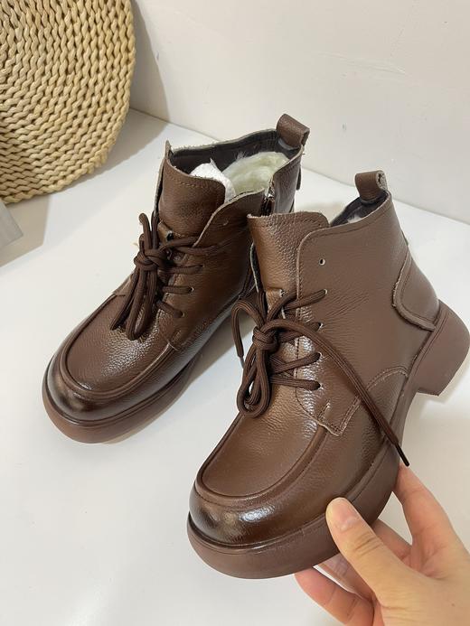 D112510头层牛皮真毛系带圆头侧拉链舒适百搭软底马丁靴 商品图6