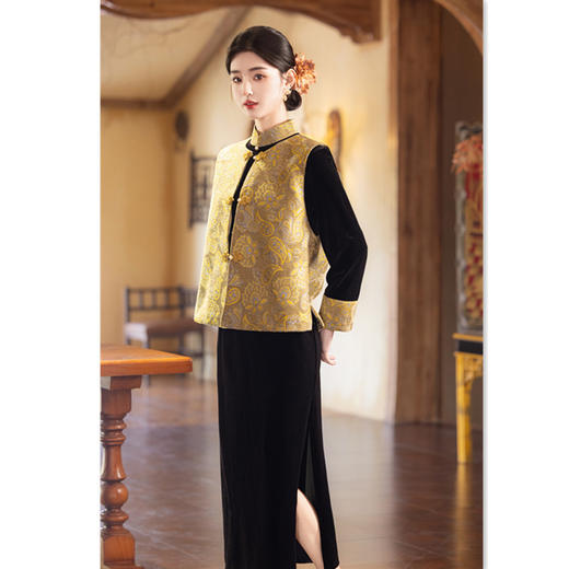 GX复古中国风时尚拼接长款丝绒旗袍马甲套装2025冬季新款日常旗袍裙 商品图3