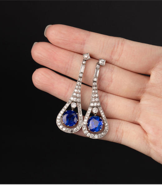 独角鹿西洋古董1930年代欧洲出品装饰艺术风格水滴造型铂金镶嵌钻石及蓝宝石耳坠 商品图1