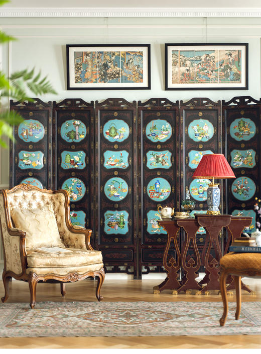 【已售】独角鹿西洋古董20世纪中国创汇时期出品漆木描金彩绘嵌掐丝珐琅清供博古图六曲屏风 商品图0