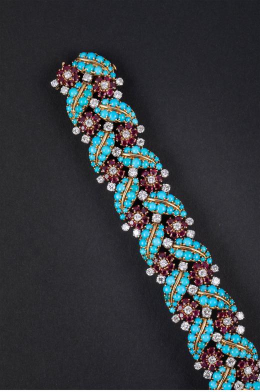 独角鹿西洋古董1960年代法国出品「花叶」造型18K黄金铂金镶嵌绿松石钻石及红宝石手镯 商品图2