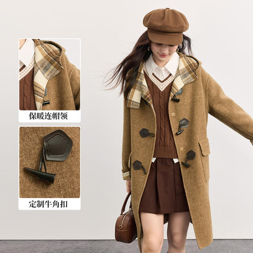 【11/26新品】熙世界卡其棕色牛角扣毛呢外套女冬2025新款撞色格纹连帽羊毛大衣 商品图1