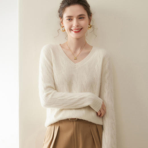 「高货rig」全新升级【铂金会员404/天猫539/差价135】(04640)洛诗琳老钱风双股加厚羊绒衫2025秋冬气质V领显瘦针织毛衣 商品图1