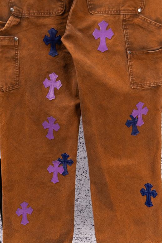 D112556限定牛王蓝紫十字拼皮棕色牛仔裤工装伐木裤 商品图8