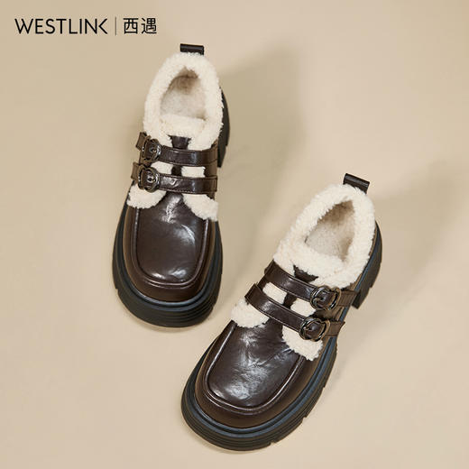 西遇加绒乐福鞋女新款冬季黑色增高厚底小皮鞋外穿保暖雪地靴V2457354 商品图4