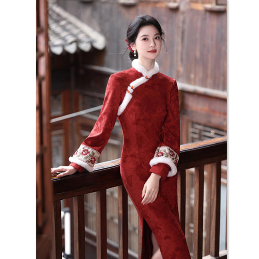 GX红色改良新中式年轻少女款长袖旗袍2025冬新款日常可穿回娘家旗袍 商品图0