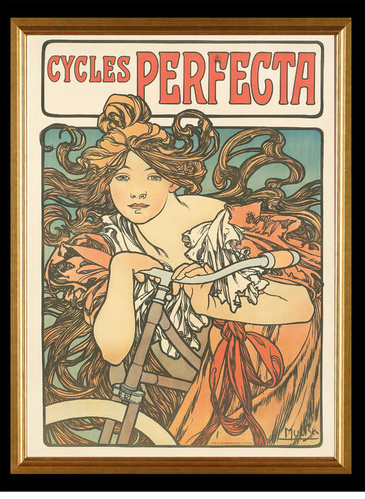 独角鹿西洋古董1902年法国出品穆夏签名创作「Cycles Perfecta完美的自行车」海报 商品图1
