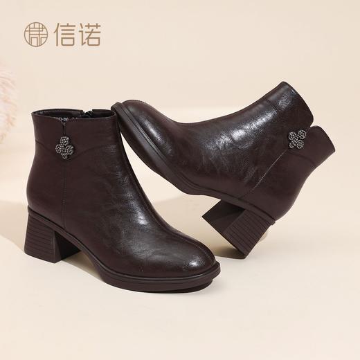 信诺时尚粗跟妈妈短靴软底舒适女鞋2025冬季新款加绒保暖棉鞋皮鞋5M193-29TD 商品图7