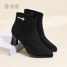 信诺妈妈棉鞋法式水钻粗跟短靴女2025冬季新款百搭瘦瘦靴加绒踝靴X5M157-273D