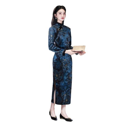 GX复古中国风金丝绒印花长款旗袍2025秋冬款改良中式长袖旗袍 商品图4