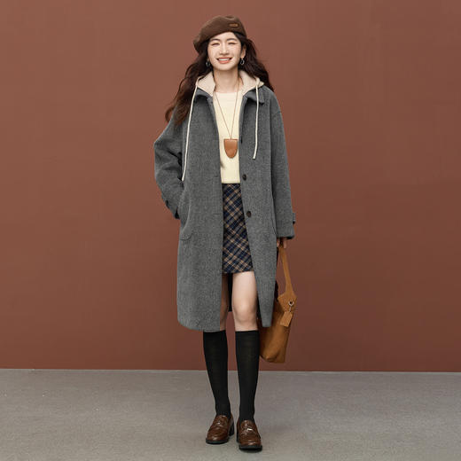 【11/26新品】熙世界可拆卸针织连帽毛呢大衣女2025冬季新款中长款羊毛呢子外套 商品图3