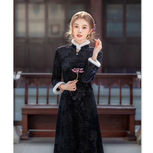 GX现代时尚改良新中式长款旗袍大摆裙2025冬季新款日常可穿长袖旗袍 商品图2