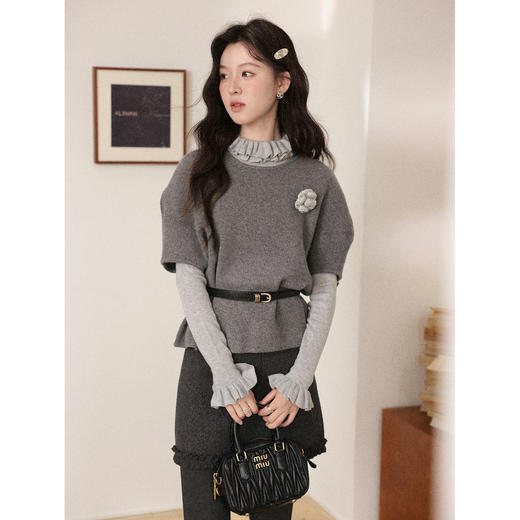 鹿向南「清雅定格」木耳边半高领长袖灰色针织衫女秋冬内搭打底衫 商品图1