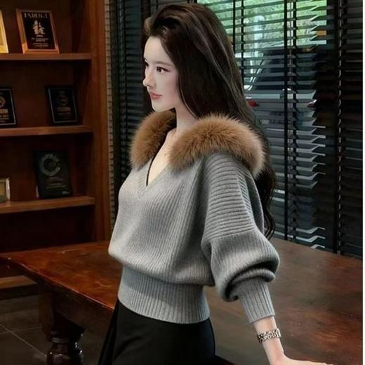 2025秋冬新款韩版时尚轻熟风连帽针织衫慵懒风毛领毛衣潮 商品图1