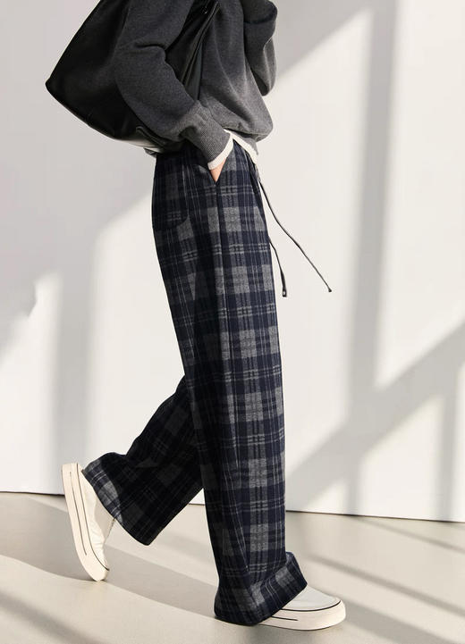 ACME含羊毛格纹+醋酸丝绒松紧腰直筒美式格纹裤 商品图4