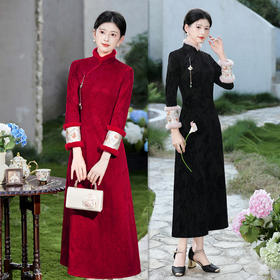 GX现代改良中式长款加绒加厚旗袍大摆裙2025冬新款日常可穿长袖旗袍